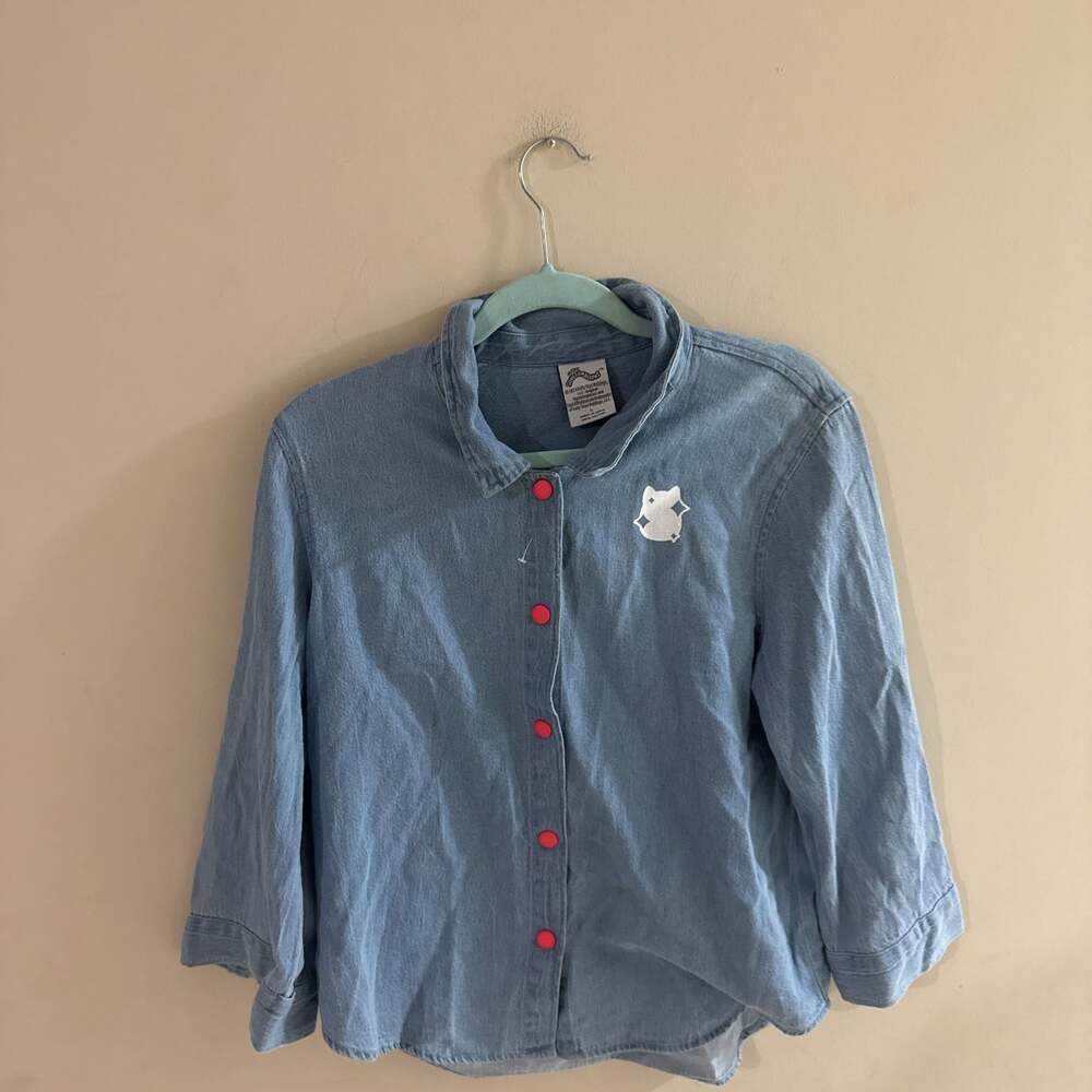 Squishmallows Blue Denim Collared Shirt with White Cat Patch and Red Buttons